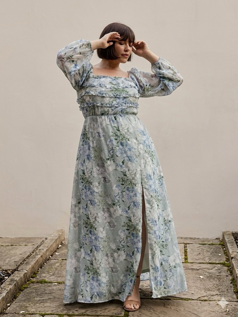 Floral Long-Sleeve Maxi Dress in Light Blue
